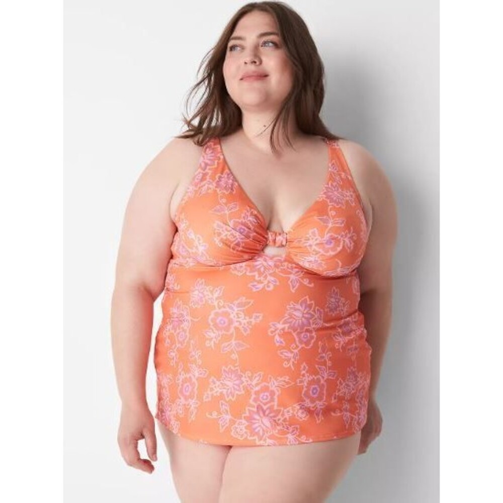 Cacique Orange Floral Keyhole Lightly Lined Plunge Tankini Swim Top Sz 42D